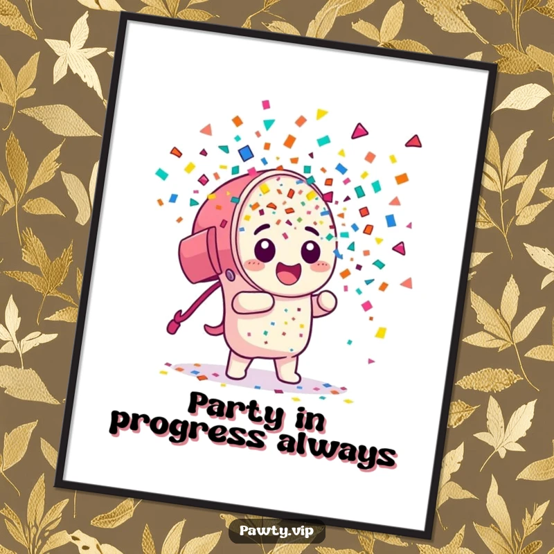 Funny Poster: A dynamic confetti cannon character exploding with a vibrant shower of colorful pieces, bringing party energy.