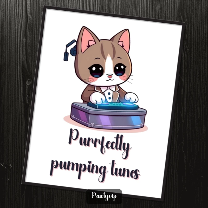 Funny Kawaii tuxedo cat character DJing vigorously, illuminated by colorful glowing lights, a vibrant poster.