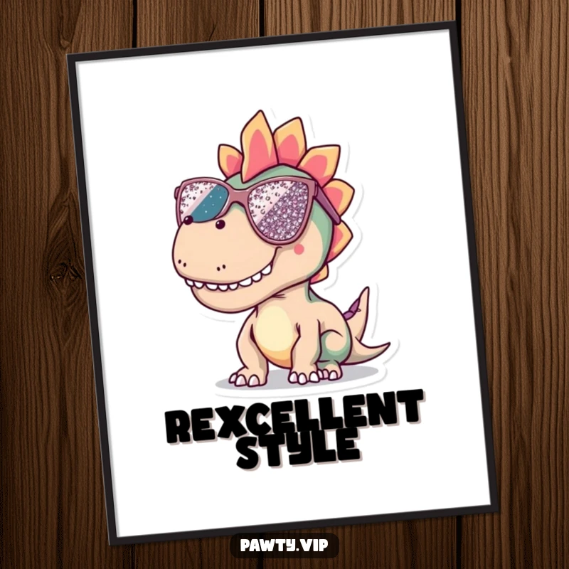 Funny dinosaur poster character wearing large, sequined sunglasses, radiating confidence and an undeniable sense of cool.