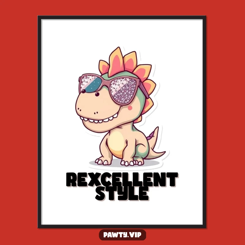 Funny Dinosaur Shades Poster: Cool wall art of a dino with sunglasses, a groovy and funny gift.
