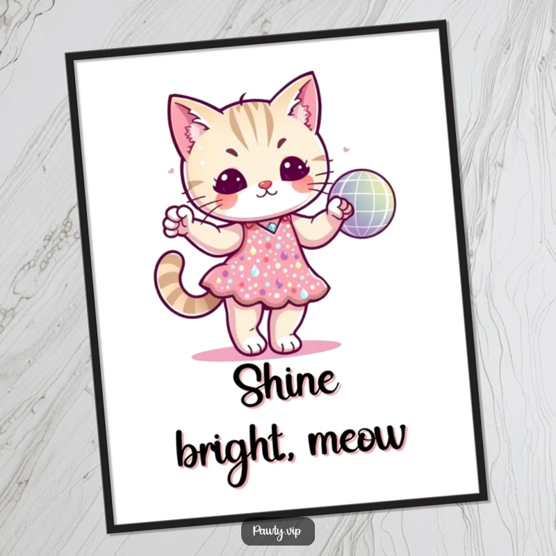 Funny cat character in a sequined dress dancing with a disco ball on a poster, creating a vibrant and glamorous statement.