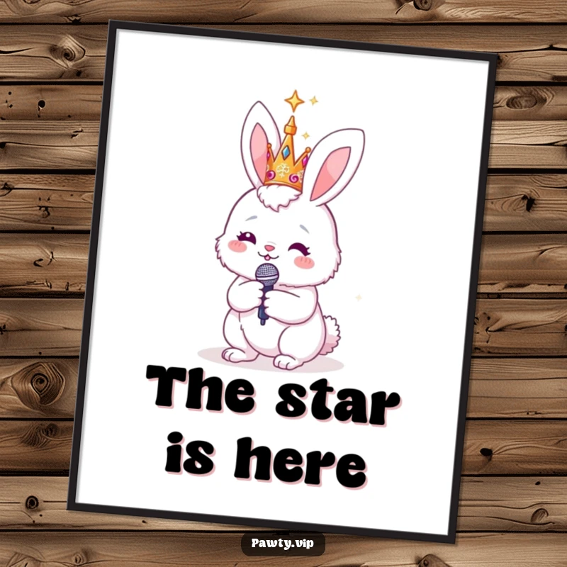 Funny bunny wearing a sparkly crown and holding a microphone, poised for a concert, featured on a poster to inspire musical dreams.