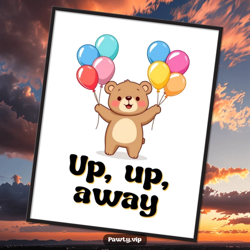 Funny bear character happily juggling colorful balloons on a poster, creating a vibrant and joyful piece of art.