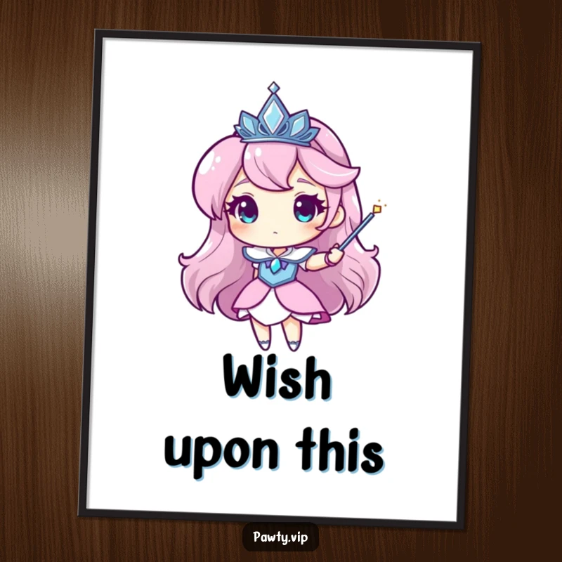 Funny tiara poster print of a character wearing a sparkling tiara and waving a magic wand, perfect for whimsical wall art.
