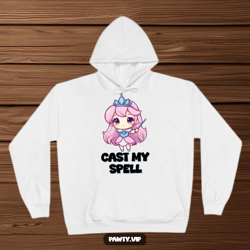 Funny tiara hoodie with a character wearing a sparkling tiara and waving a magic wand, perfect for cozy enchantment.