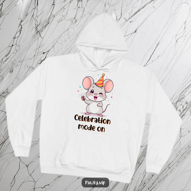 Funny mouse hoodie, a comfortable sweatshirt with a cheerful mouse firing a party popper.