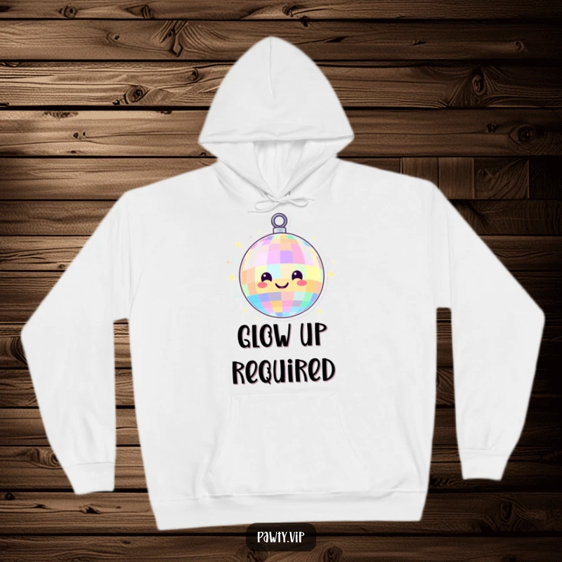 Funny disco ball character with a smiling face and colorful lights, on a hoodie, perfect for staying warm while bringing the party atmosphere.