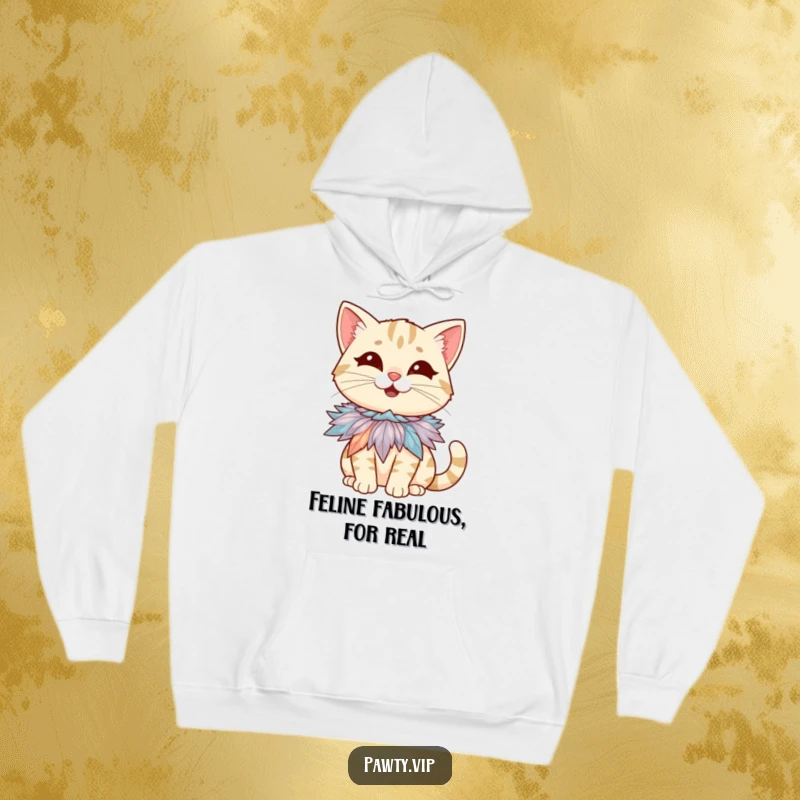 Funny hoodie showcasing a giggling cat character with a tiny, flamboyant feather boa necklace, radiating warmth and humor.