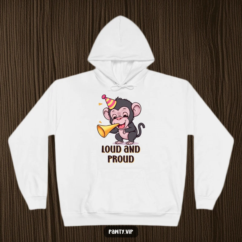Funny Kawaii chimpanzee character blowing a party horn on a cozy hoodie, perfect for festive occasions.