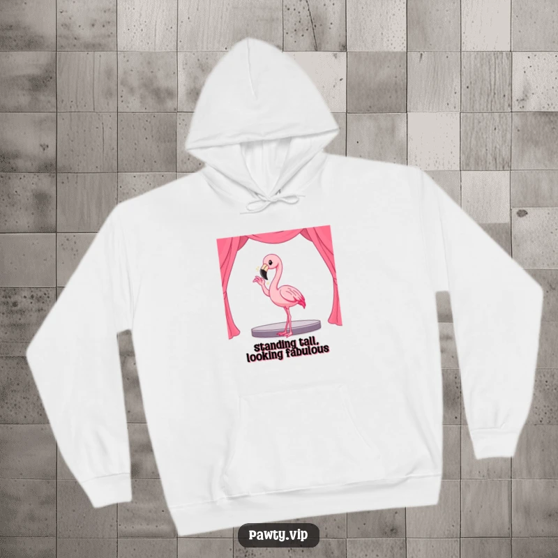 Funny Kawaii flamingo character in a dramatic pose on a hoodie, embodying stage presence and warmth.