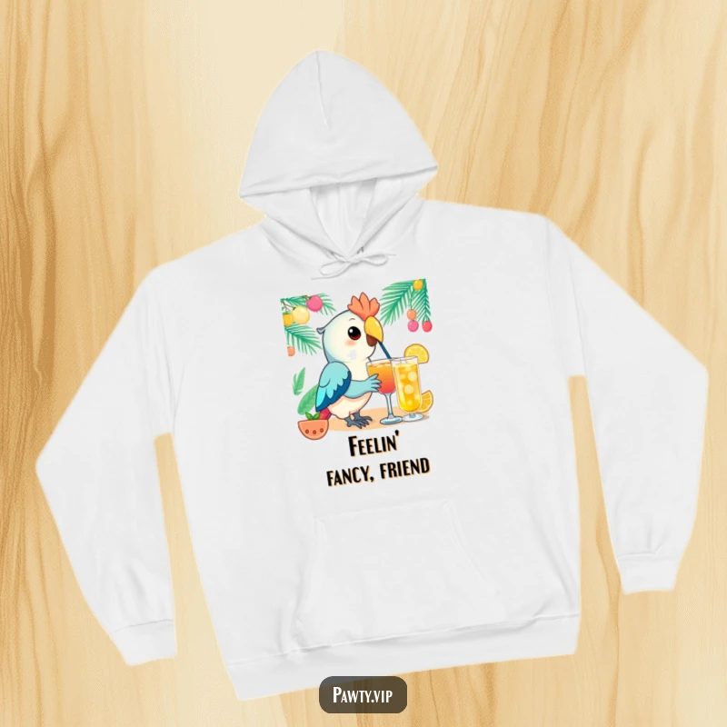 Funny Kawaii parrot hoodie depicting an elegant parrot character sipping a festive beverage, offering warmth and a touch of tropical festivity.