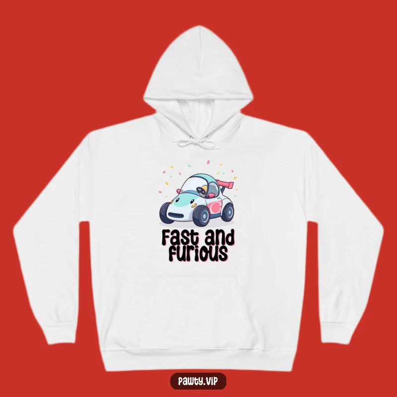 Cozy Funny Race Car Hoodie: Warm and festive, featuring a speedy car with confetti, an awesome funny gift.