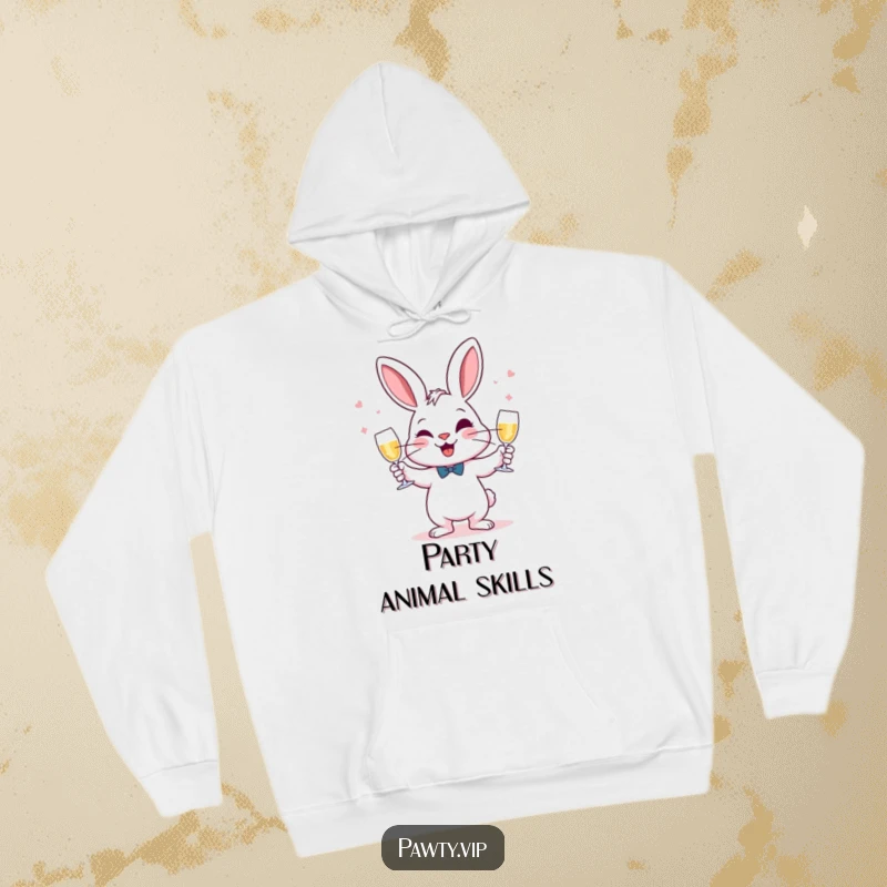 Funny Juggling Rabbit Hoodie featuring a rabbit gleefully juggling champagne glasses, offering warmth and mischievous fun.