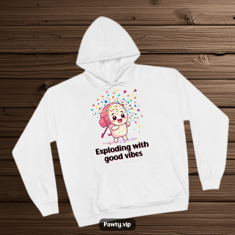 Funny Hoodie: A cheerful confetti cannon character unleashing a shower of colorful pieces, perfect for cozy, celebratory vibes.