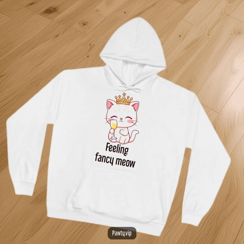 Funny Kawaii cat in a sparkling crown, holding a champagne flute, on a soft and warm hoodie.