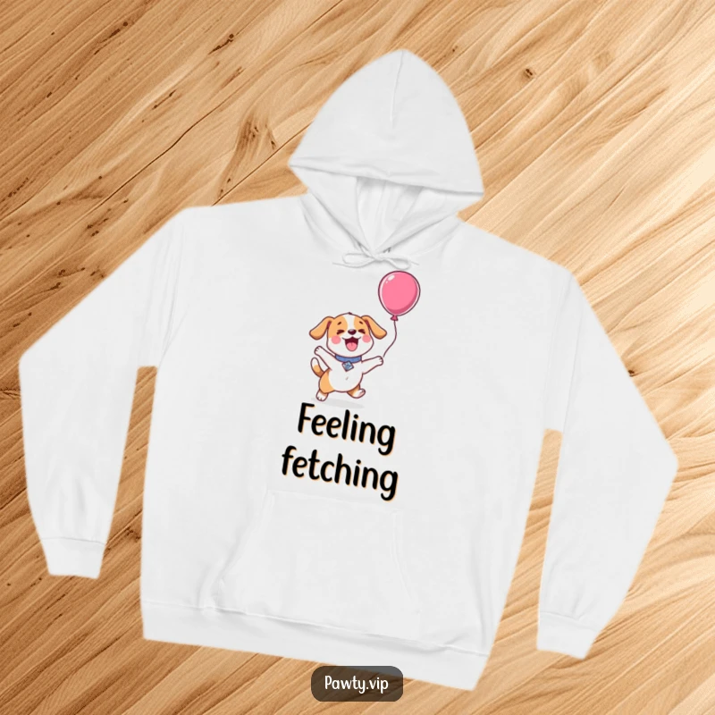 Funny Kawaii dog with a diamond collar, excitedly jumping for a balloon, on a soft and warm hoodie.