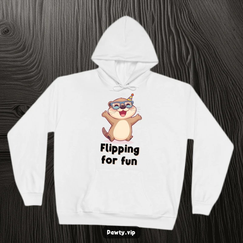 Funny Otter Hoodie featuring a joyful otter wearing tiny party glasses, leaping energetically.