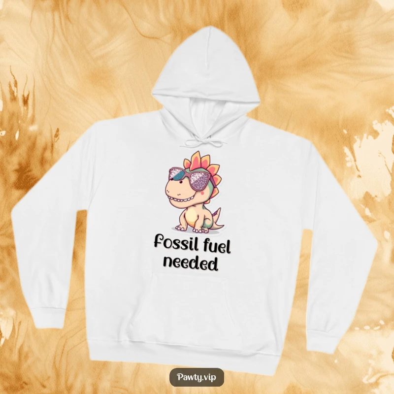 Funny dinosaur hoodie character sporting huge, glittering sequined sunglasses, offering warmth and prehistoric style.