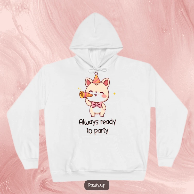 Funny hoodie with a playful creature wearing a neat bowtie, enthusiastically blowing a party horn in celebration.