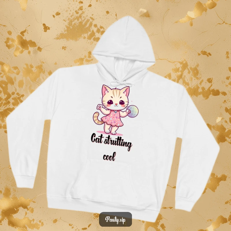 Funny cat character in a sequined dress dancing with a disco ball on a cozy hoodie, offering warmth and glamorous vibes.