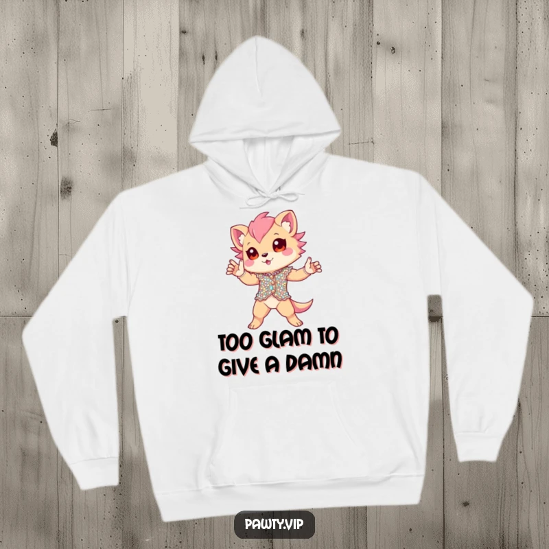 Funny Hoodie depicting a creature in a glittering sequined outfit, striking a memorable and dramatic pose. For ultimate comfort and hilarious style.