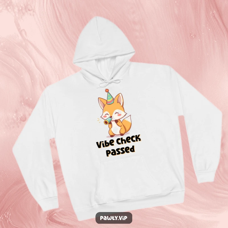 Funny fox in a tiny party hat blowing a noisemaker, depicted on a cozy hoodie for maximum celebratory comfort.
