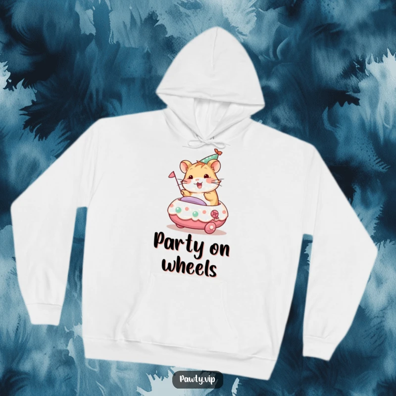 Funny hamster character enjoying a ride on a decorated party float, embodying celebration on this cozy hoodie.