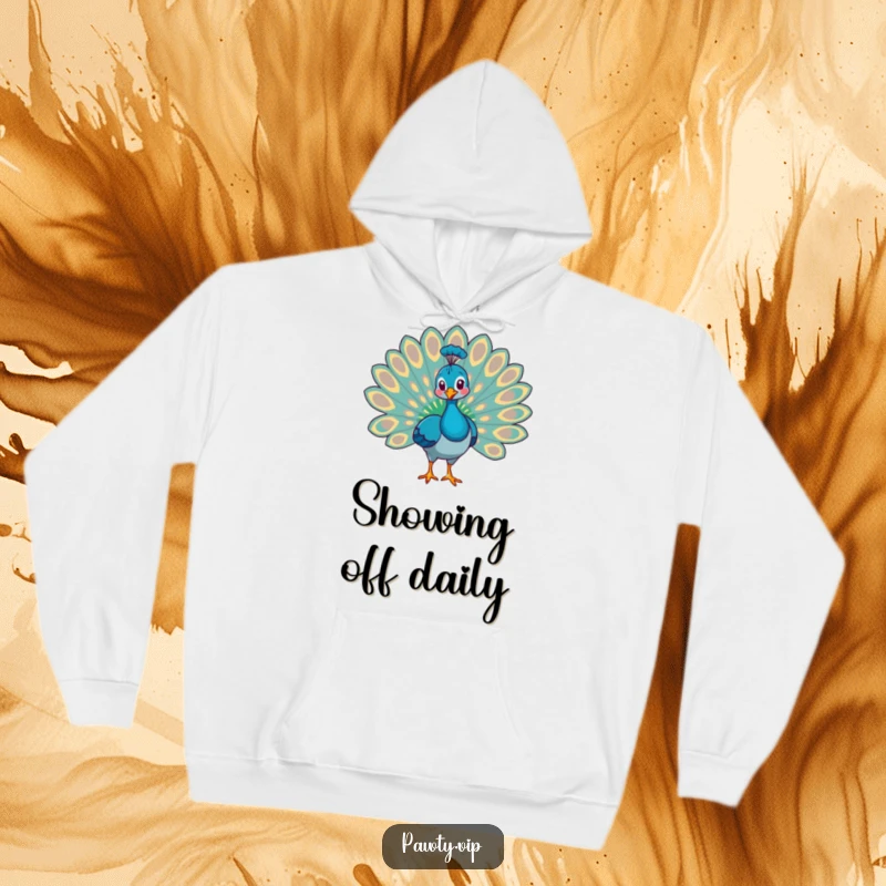 Funny proud peacock fanning its tail feathers, a cozy and funny hoodie for confident individuals.