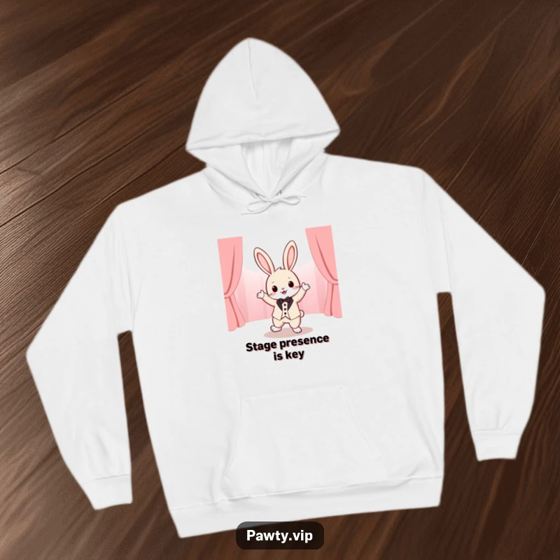 Funny tuxedo rabbit character in a dapper suit enthusiastically dancing on a stage, depicted on a cozy hoodie for ultimate laughs.