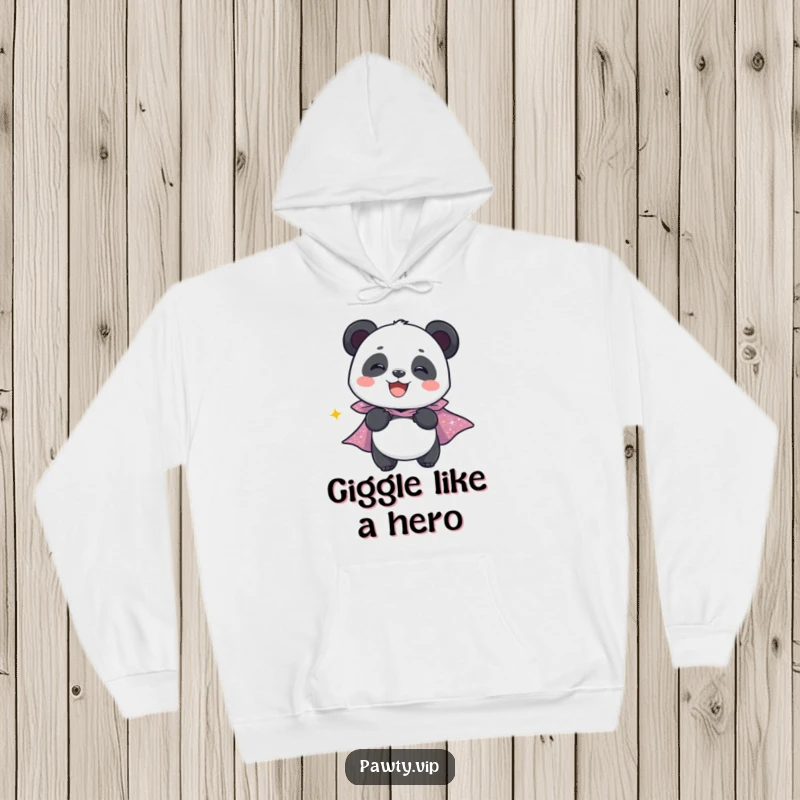 Funny hoodie with a giggling panda character wearing a shiny sparkly cape, designed for comfort and heroic flair.