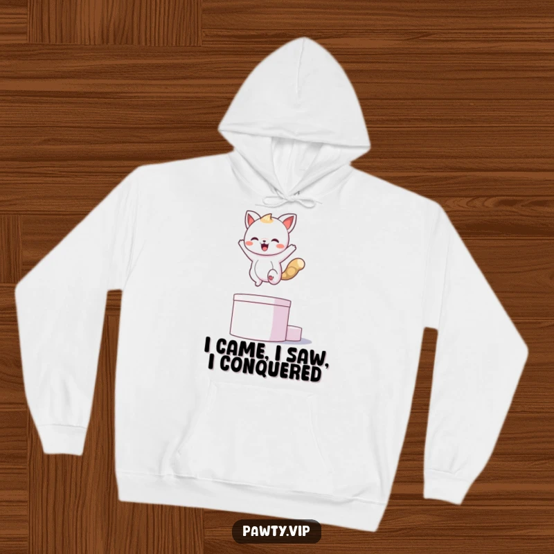 Funny kawaii animal character striking an epic pose on a podium, ready to celebrate, on a funny hoodie.