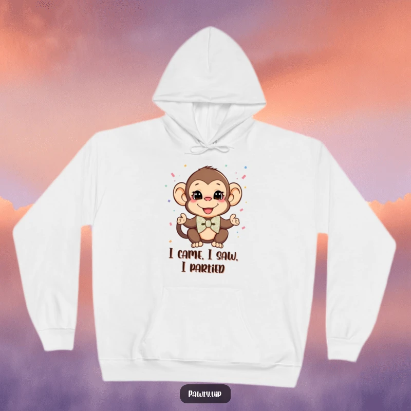Funny Monkey Hoodie: A chic monkey with a dazzling bow tie showers confetti, bringing a humorous and festive vibe.