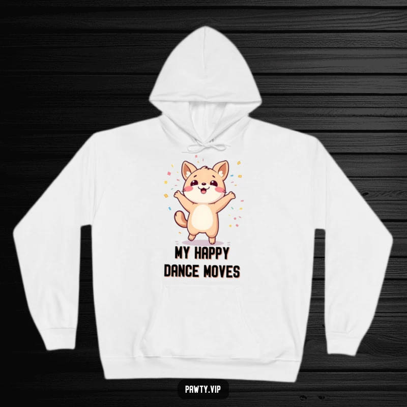 Funny kawaii animal character caught mid-dance with confetti flying, featured on a funny hoodie.