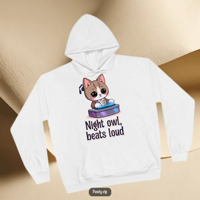 Funny Kawaii tuxedo cat character DJing with headphones and turntables, cozy hoodie design for music lovers.