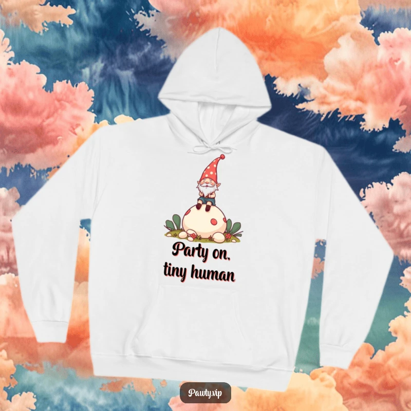 Funny Hoodie featuring a cheerful gnome wearing a party hat, joyfully riding a large mushroom through an enchanted forest.