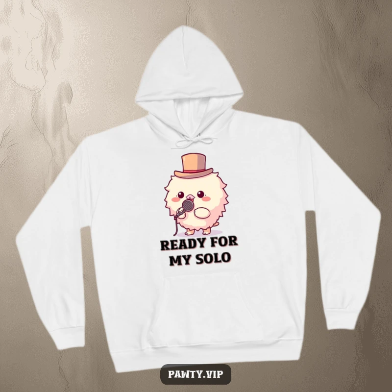 Funny hoodie with a fluffy creature wearing a tiny top hat, holding a microphone, ready for a concert.