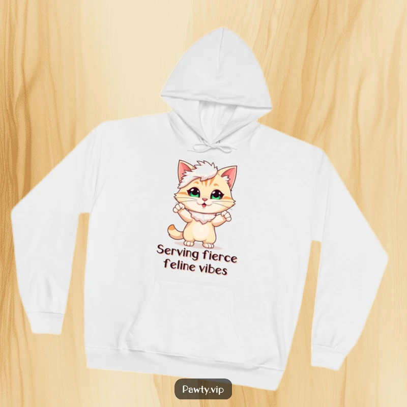 Funny Hoodie showcasing a cute cat character adorned with a feather boa, confidently striking a glamorous pose.