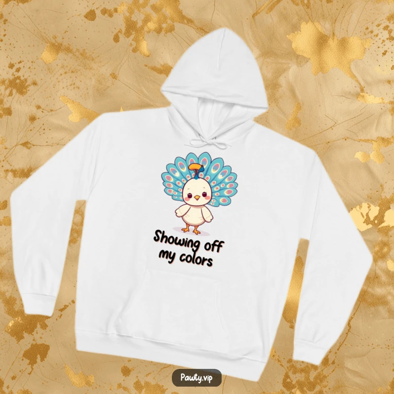 Funny Kawaii peacock character fanning its vibrant tail feathers on a cozy hoodie, radiating elegance.