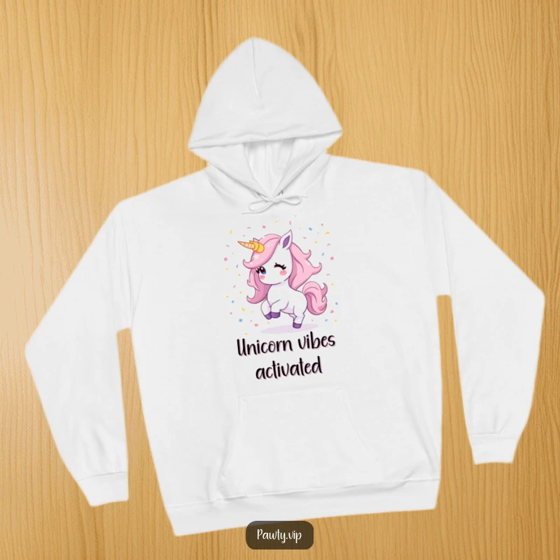 Funny Kawaii unicorn hoodie with a shimmering mane dancing gracefully amidst a shower of confetti, offering cozy, magical vibes.