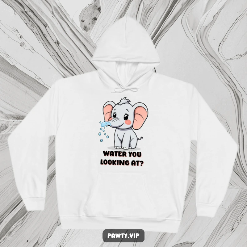Funny Elephant Hoodie: A cheerful elephant sprays sparkling water from its trunk, offering humorous warmth and playful charm.