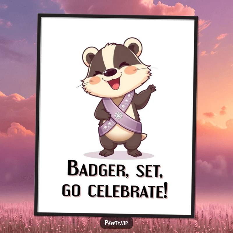 Funny Free Printable Wall Art: Giggling badger wearing a sparkly sash, captured mid-silly dance.