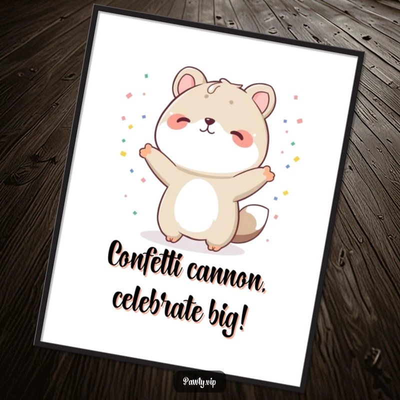 Funny Free Printable Wall Art: A cheerful animal striking an epic celebratory pose, with tiny confetti raining down.