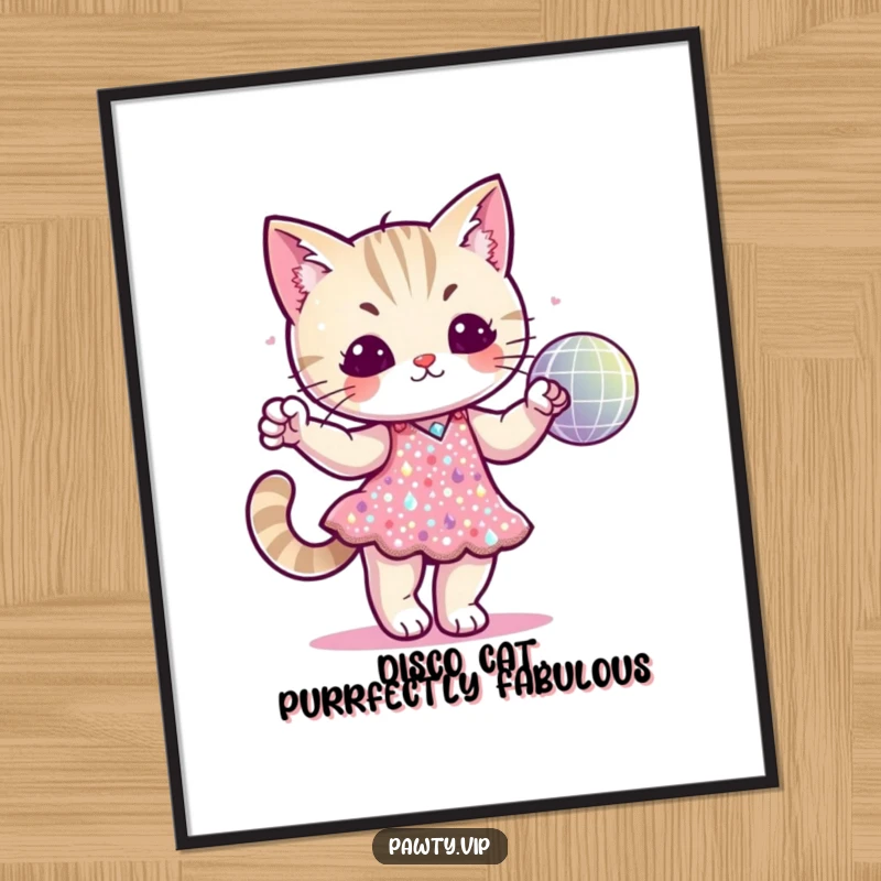 Funny Free Printable Disco Cat Wall Art: Cat in a sequined dress dancing energetically with a disco ball. Glamorous downloadable decor.