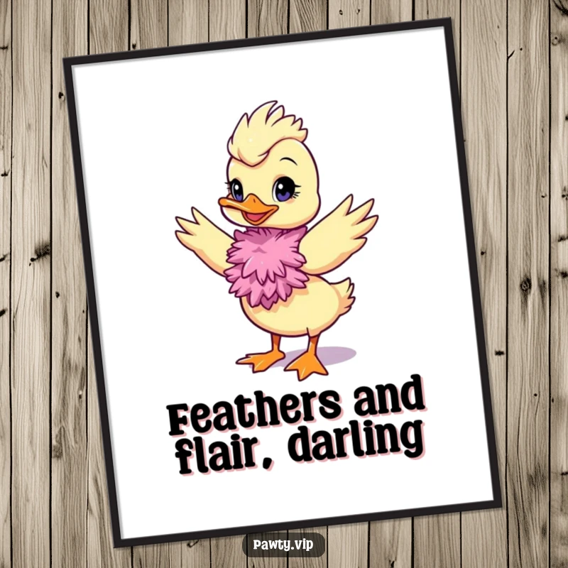 Funny Free Printable Wall Art: Diva duck in feather boa strikes a glamorous pose, adding pizzazz. Downloadable decor.