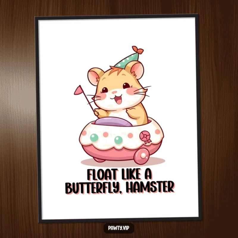 Funny Free Printable Wall Art: A cheerful hamster character riding a small, colorfully decorated party float.