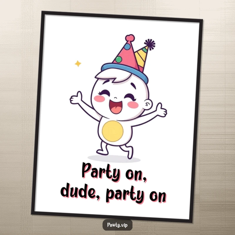 Funny free printable wall art of a happy character in a party hat dancing energetically.