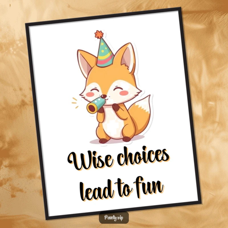 Funny Free Printable wall art: a fox wearing a tiny party hat enthusiastically blows a noisemaker, creating a festive and humorous scene.