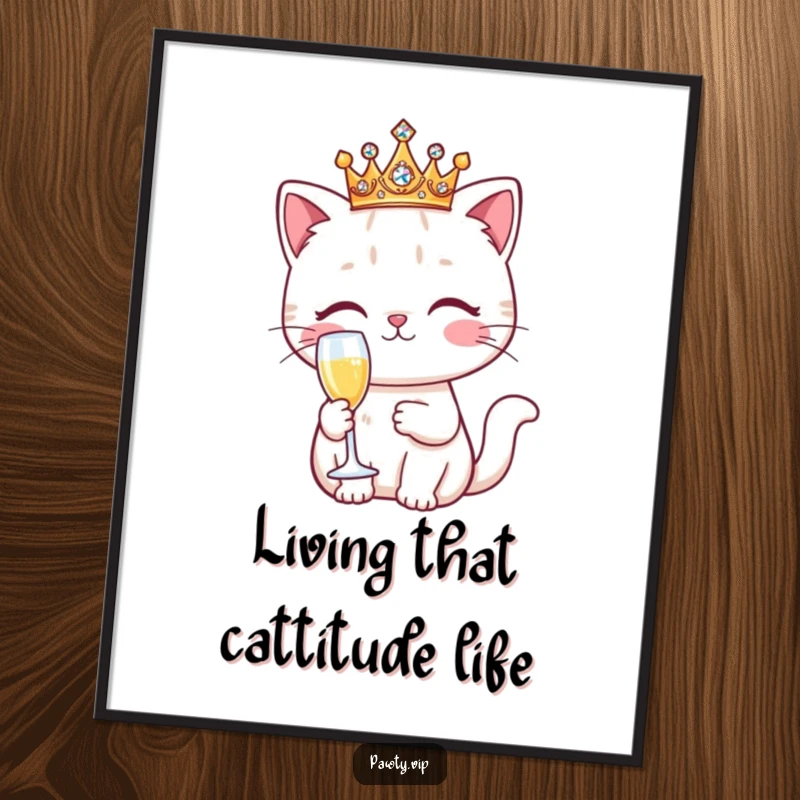 Funny Free Printable Wall Art of a cute kawaii cat wearing a sparkling crown, holding a champagne flute with a celebratory air.