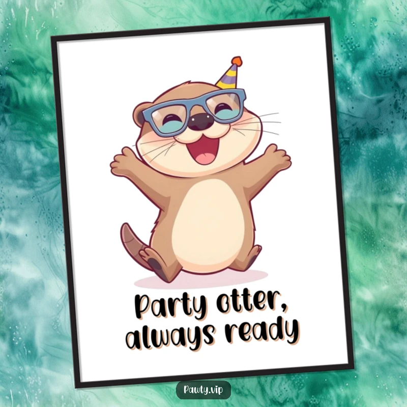 Funny Free Printable Wall Art: A joyful otter wearing miniature party glasses leaps with infectious excitement, adding a humorous touch.