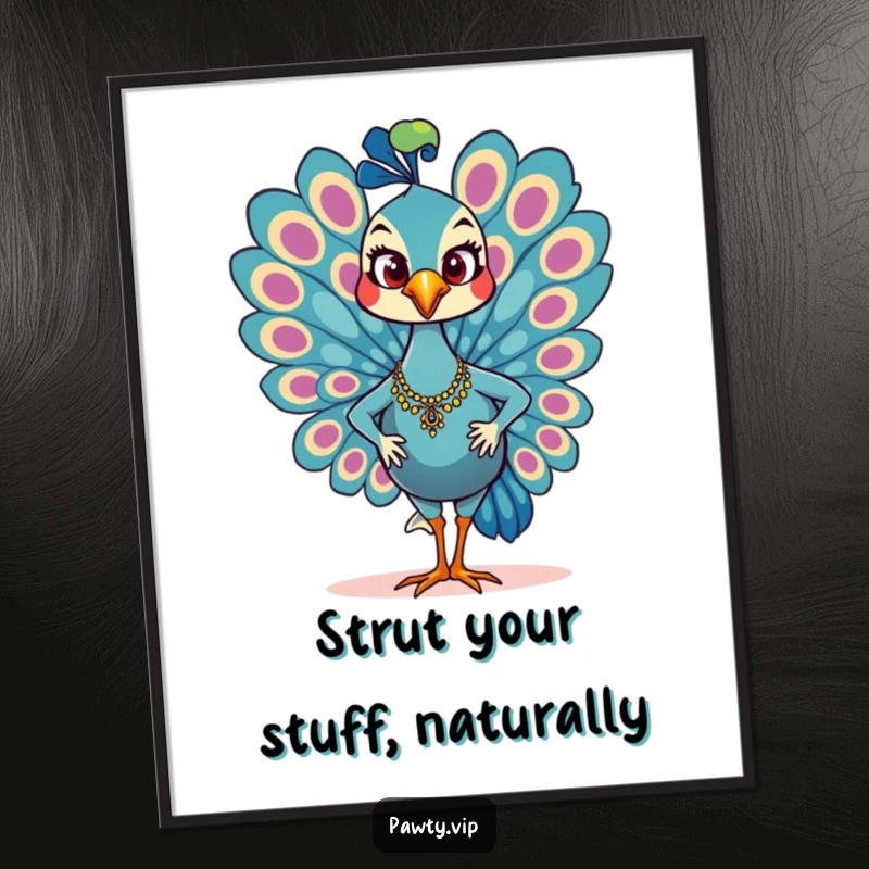 Funny Free Printable Wall Art: Glamorous peacock character strutting with a confident smile, adding a touch of bold style to any room.